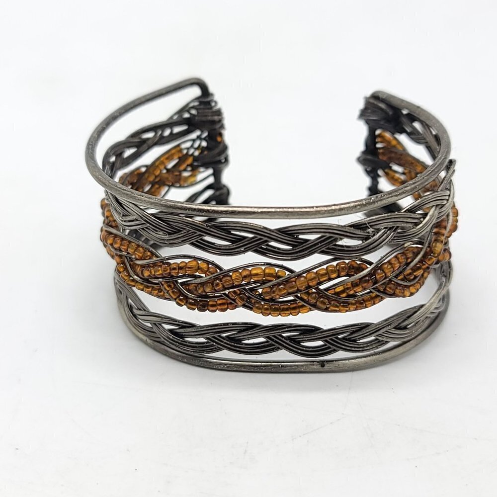 Silver Tone Wire and Amber Bead Braided Bracelet Cuff Vintage